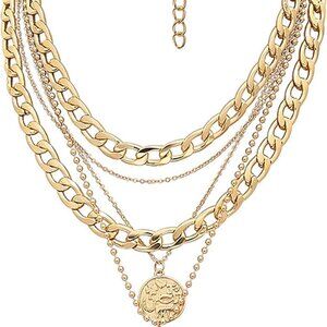 Gold Layered Necklaces for Women Trendy Retro Coin Pendant Necklace Dainty Chunk